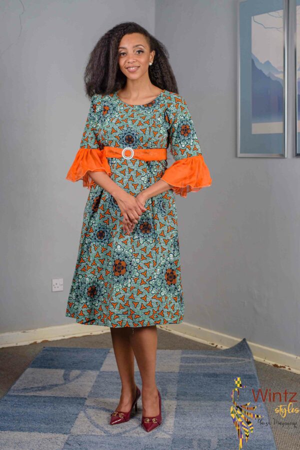 Blue Abstract Pattern Dress with orange belt _ orange flared sleeves size 42 $150