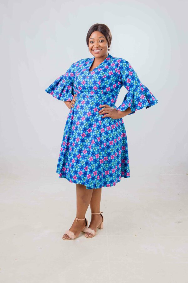 Blue Floral Dress African Print with Flared Sleeves Size 42 $150