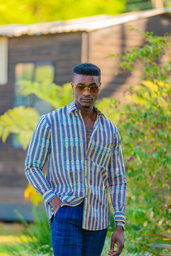 Blue _ Yellow Stripped African L_Sleeve Shirt Size (L) $80