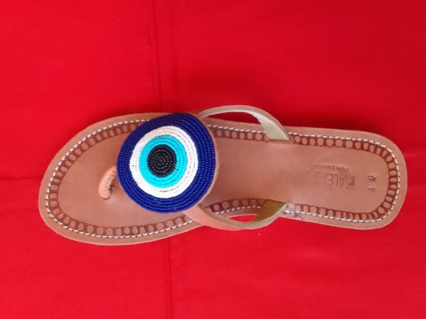 Brown-Original-Leather-with-Blue-_-White-circular-beaded-pattern-Size-40