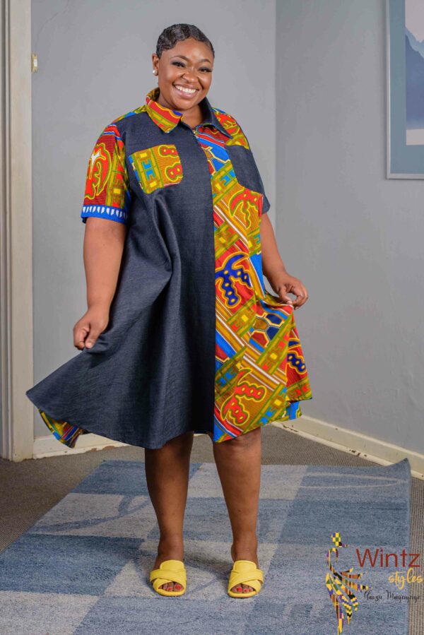 Denim African Print Dress Size 44 $150