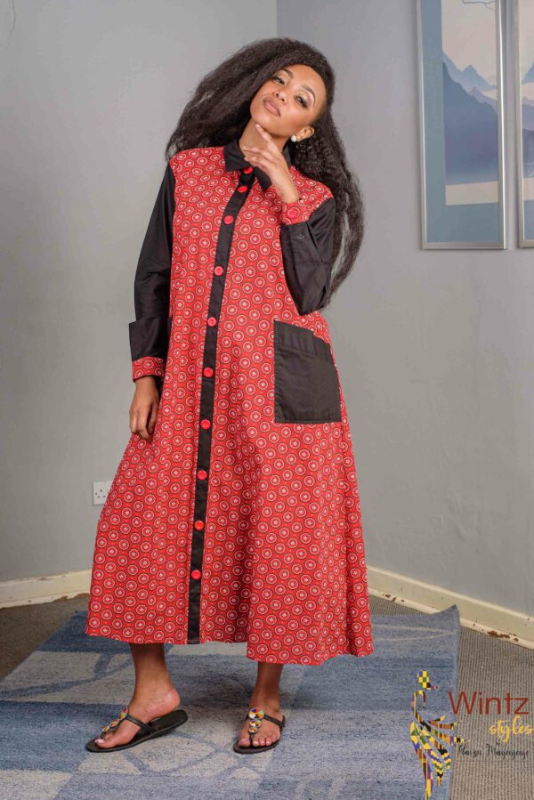 Ledikana Red and Black Shweshwe Long Dress Size 36 $200