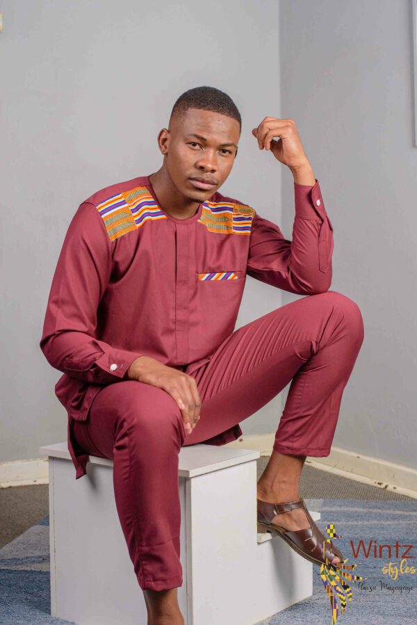 Maroon Kente African Outfit (Shirt + Trousers) Size (XL) $120