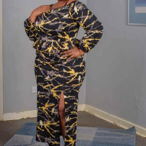Maxi Dress Black _ Yellow Peplum with Slit Size 44 $160