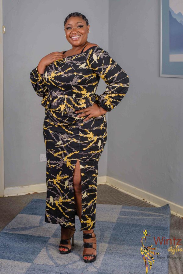 Maxi Dress Black _ Yellow Peplum with Slit Size 44 $160