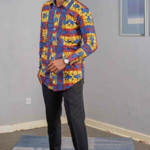 Multicolored Button-up L_Sleeve Shirt (African Asymmetrical Print) Size (L) $80