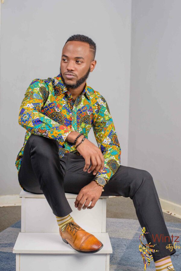 Multicolored L_Sleeve Button-up Shirt (African Asymmetrical Print Traditional) Size (XL) $80