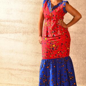 Red _ Blue Java print Trimmed sleeves dress Size 38 $120