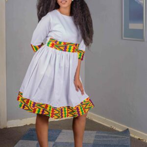 White Dress with Kente trimmed waist and sleeve Size 38 $90